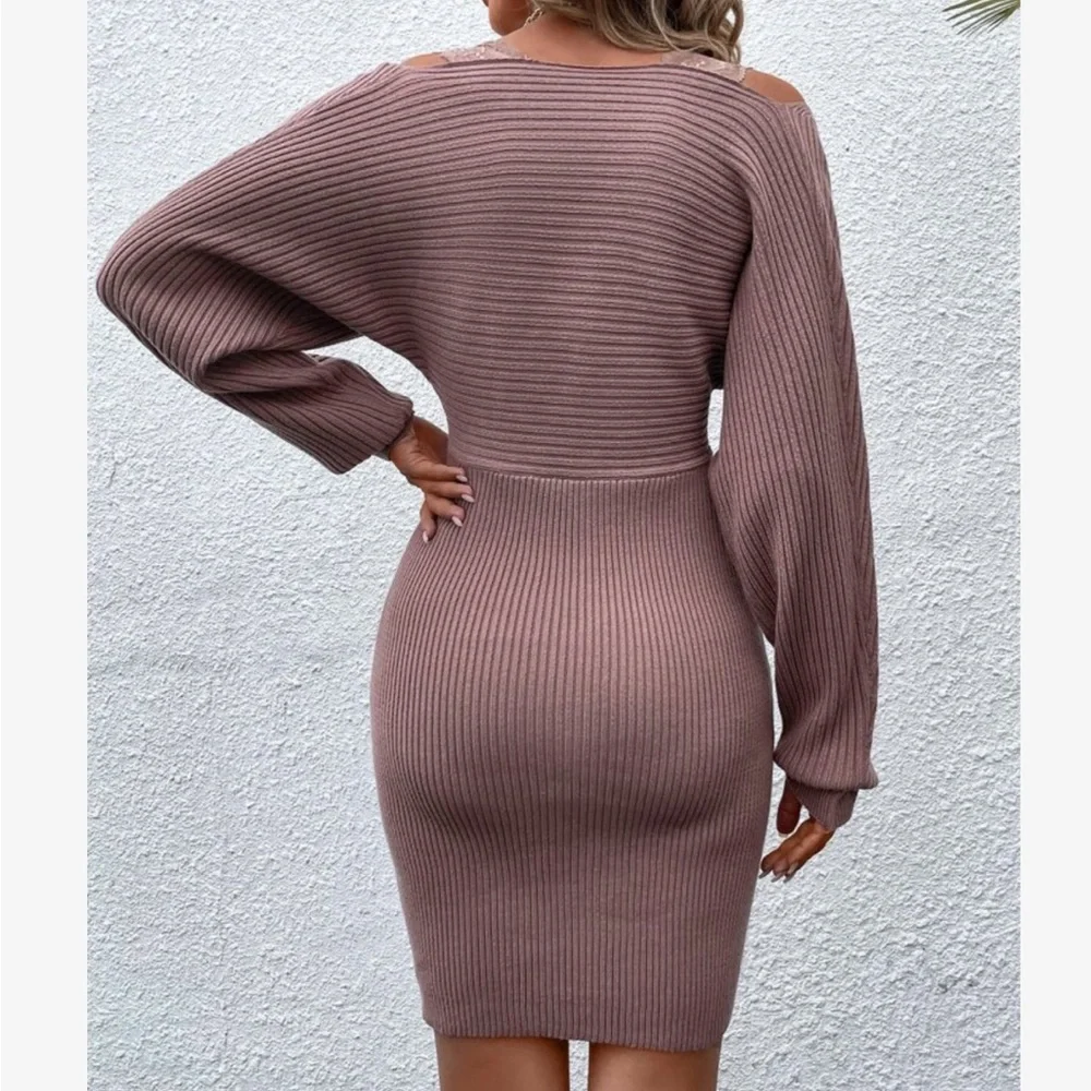 Elegant Contrast Lace Cold Off the Shoulder Dolman Sleeve Ribbed Sweater Dress - Picture 2 of 6